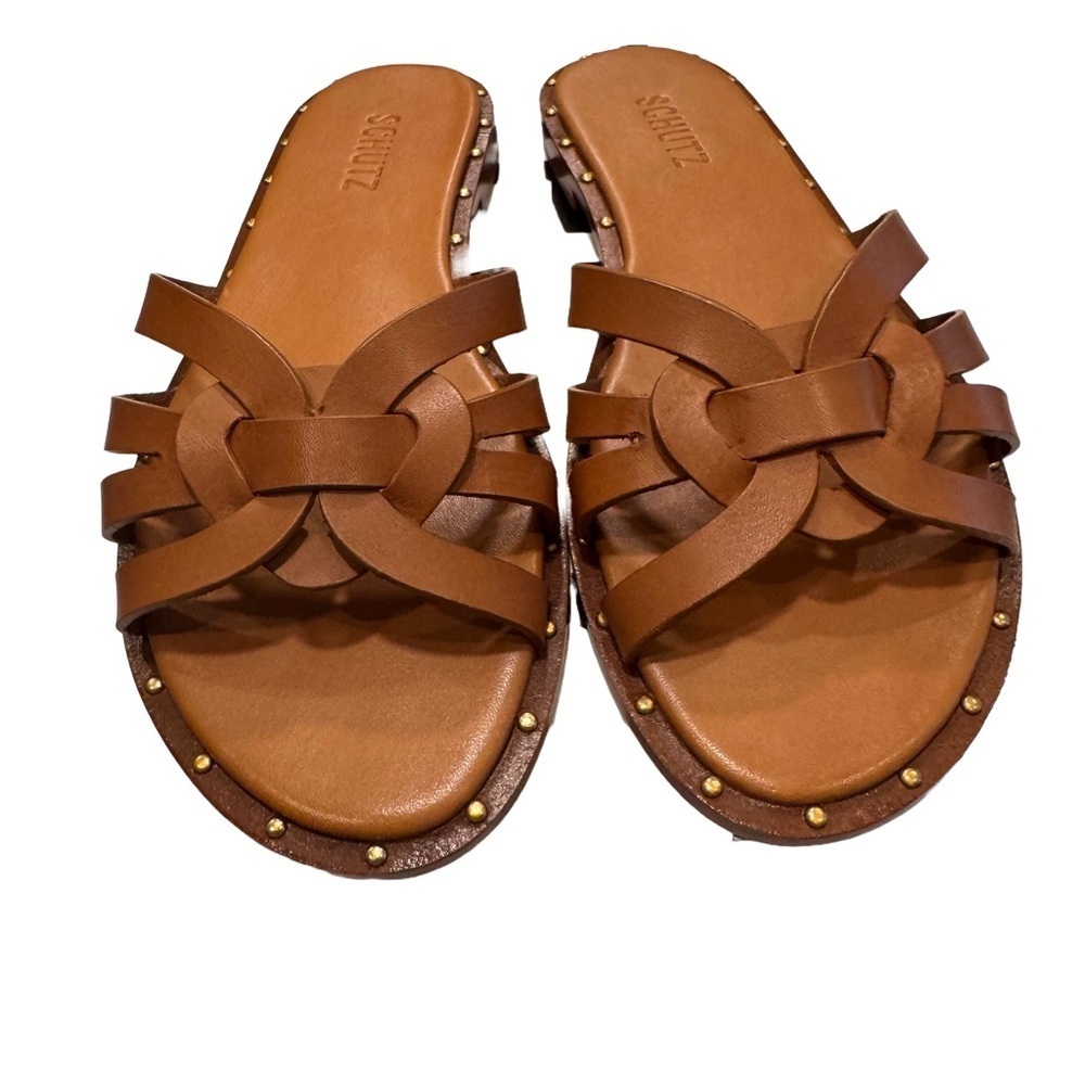 Schutz woman’s tan leather sandals slip on flats size 8